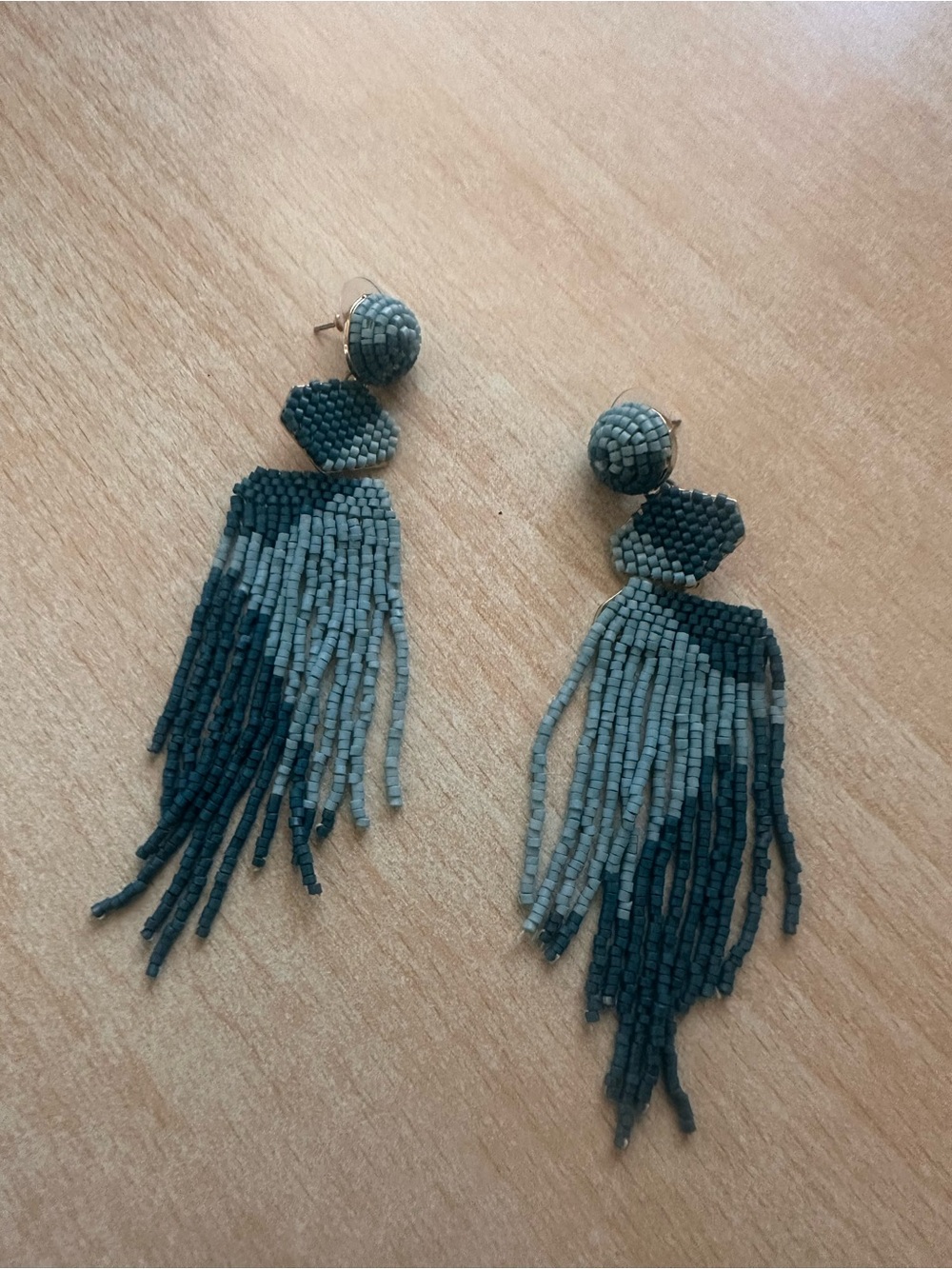 White House Black Market Two-Tone Beaded Fringe Drop Earrings in Teal and Gray